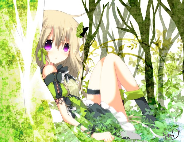 Anime picture 1550x1200 with original nana kusun single long hair blonde hair purple eyes bare shoulders girl dress plant (plants) boots insect butterfly