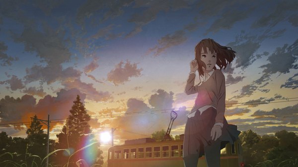 Anime picture 1600x900 with original topipan single open mouth brown hair wide image brown eyes sky cloud (clouds) wind from below evening sunset girl uniform plant (plants) school uniform pantyhose tree (trees) grass