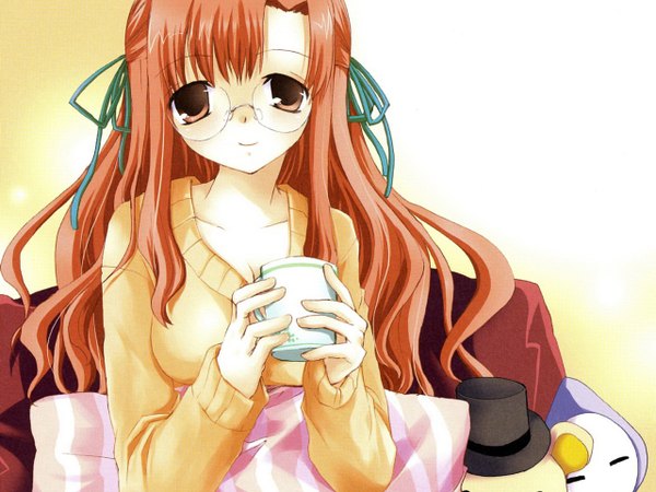 Anime picture 1280x960 with ribbon (ribbons) glasses pillow sweater toy stuffed animal coffee