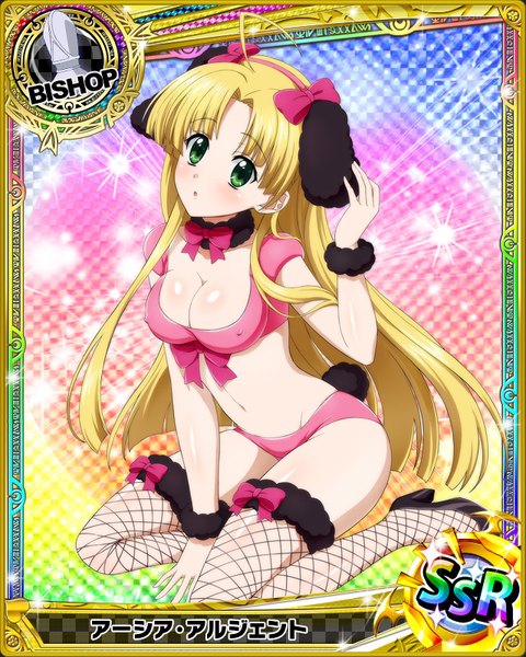 Anime picture 640x800 with highschool dxd asia argento single long hair tall image looking at viewer blush breasts light erotic blonde hair green eyes animal ears cleavage underwear only fake animal ears card (medium) girl thighhighs navel underwear