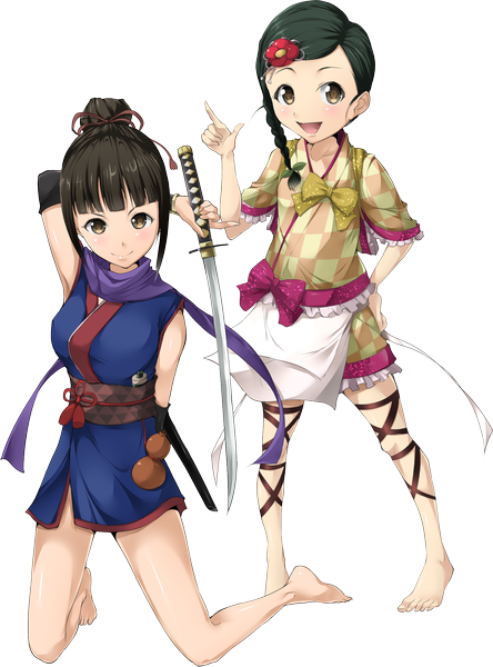 Anime picture 1494x2019 with solru (tyappygain) tall image looking at viewer blush short hair open mouth black hair smile multiple girls brown eyes traditional clothes barefoot transparent background girl weapon 2 girls sword katana