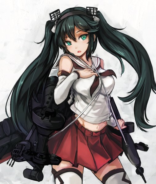 Anime picture 1182x1400 with kantai collection isuzu light cruiser maki (maki pei) single long hair tall image looking at viewer green eyes green hair girl thighhighs skirt navel weapon detached sleeves miniskirt white thighhighs gun sailor suit