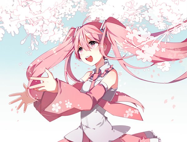 Anime picture 1000x760 with vocaloid hatsune miku sakura miku dasulchan single open mouth twintails bare shoulders pink hair very long hair pink eyes girl flower (flowers) detached sleeves petals necktie