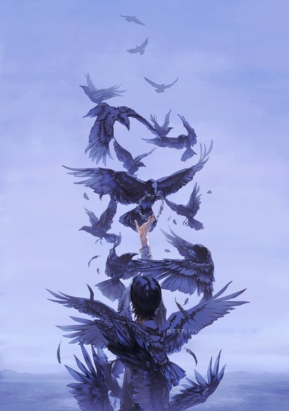 Anime picture 1122x1594 with original re (artist) single tall image short hair black hair arm up from behind boy animal bird (birds) feather (feathers) wreath crow