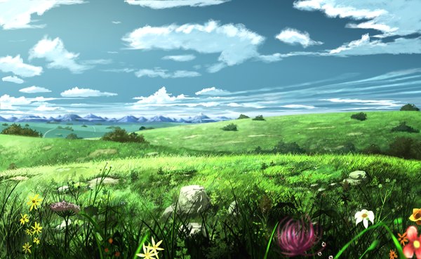Anime picture 3840x2362 with original soyokaze highres wide image absurdres sky cloud (clouds) mountain landscape flower (flowers) plant (plants) grass