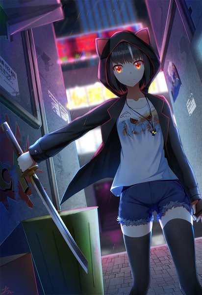 Anime picture 1100x1600 with original ji dao ji single tall image looking at viewer short hair black hair red eyes signed outdoors open jacket zettai ryouiki rain walking girl thighhighs weapon black thighhighs sword jacket