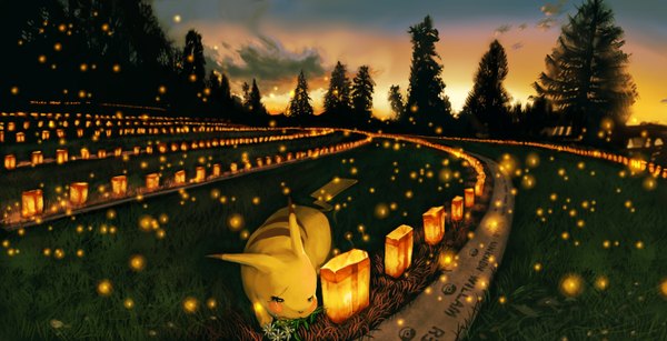 Anime picture 1500x768 with pokemon nintendo pikachu abe (pixiv) wide image scar landscape gen 1 pokemon plant (plants) animal tree (trees) grass lantern lamp fireflies