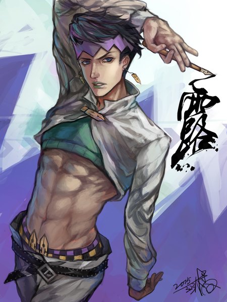 Anime picture 1736x2315 with jojo no kimyou na bouken kishibe rohan fan ju single tall image highres short hair blue eyes black hair signed looking away arm up from above bare belly lipstick groin hieroglyph dated muscle green lipstick