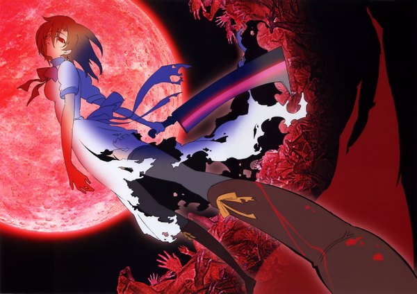 Anime picture 5369x3803 with higurashi no naku koro ni studio deen ryuuguu rena numata seiya single fringe highres short hair hair between eyes red eyes brown hair standing holding parted lips night from below zettai ryouiki night sky torn clothes red moon