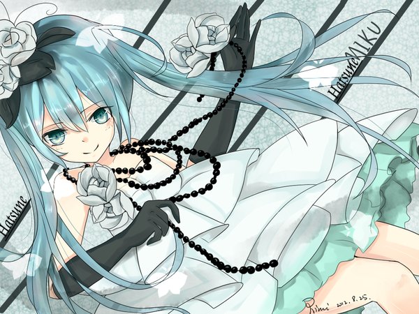 Anime picture 1024x768 with vocaloid hatsune miku rimi (117412107) single long hair looking at viewer smile twintails bare shoulders hair flower aqua eyes aqua hair character names girl dress gloves hair ornament flower (flowers) elbow gloves jewelry