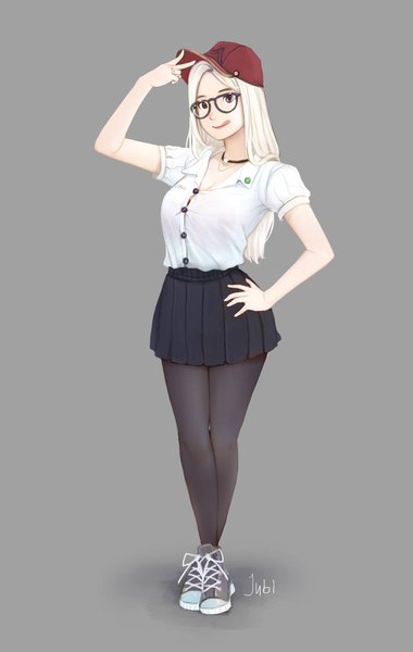 Anime picture 1299x2048 with original mio (jubi) jubi (regiana) single long hair tall image looking at viewer breasts simple background blonde hair large breasts standing brown eyes signed full body pleated skirt arm up grey background short sleeves hand on hip