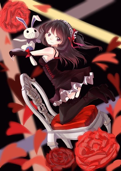 Anime picture 2480x3507 with original kan (rainconan) single long hair tall image looking at viewer highres black hair smile purple eyes girl thighhighs dress gloves flower (flowers) bow black thighhighs petals headdress toy