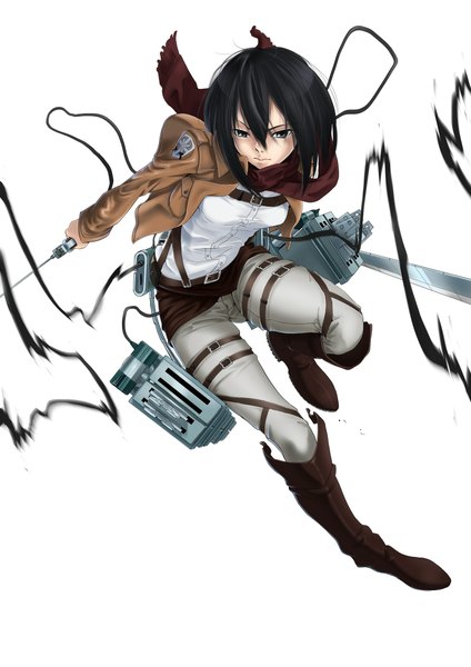 Anime picture 1612x2280 with shingeki no kyojin production i.g mikasa ackerman nukosann single tall image short hair black hair simple background white background holding black eyes open clothes open jacket dual wielding girl weapon sword boots belt