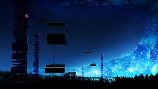 Anime picture 1200x675 with original y y (ysk ygc) wide image night sparkle night sky no people weightlessness plant (plants) tree (trees) building (buildings)