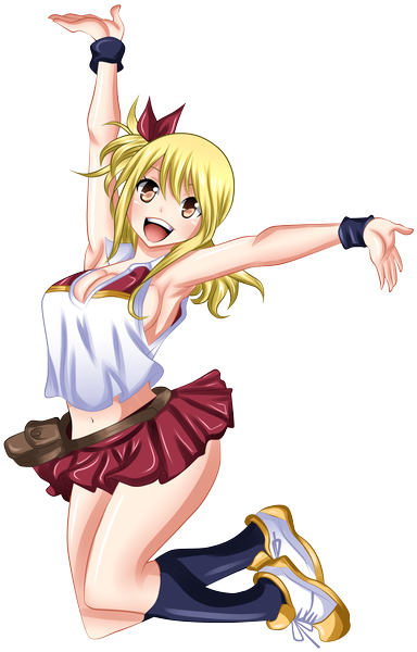 Anime picture 2560x4000 with fairy tail lucy heartfilia mmdlucyextend single long hair tall image blush highres open mouth blonde hair smile brown eyes ponytail pleated skirt armpit (armpits) coloring side ponytail spread arms transparent background girl