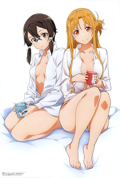 Anime picture 6072x9043 with sword art online a-1 pictures yuuki asuna asada shino miura takehiro long hair tall image looking at viewer highres breasts light erotic black hair brown hair sitting multiple girls brown eyes absurdres official art pantyshot open shirt