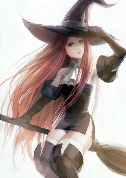 Anime picture 707x1000 with tactics ogre witch (tactics ogre) toraji (pixiv) single long hair tall image looking at viewer simple background white background sitting orange hair armpit (armpits) orange eyes witch girl dress gloves black gloves elbow gloves thigh boots