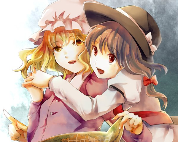 Anime picture 1280x1024 with touhou usami renko maribel hearn i wanna (artist) long hair open mouth blonde hair smile brown hair multiple girls yellow eyes couple hug holding hands shoujo ai pointing girl hair ornament ribbon (ribbons) 2 girls
