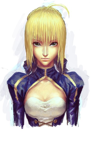 Anime picture 1381x2097 with fate (series) fate/stay night fate/zero studio deen type-moon artoria pendragon (all) saber zhoujialin single long hair tall image looking at viewer fringe breasts simple background blonde hair white background green eyes lips girl