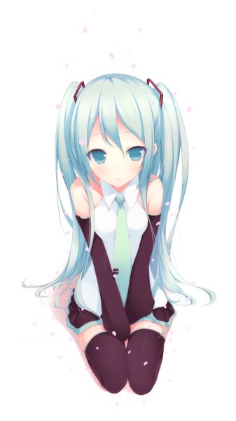 Anime picture 900x1600 with vocaloid hatsune miku shokuyou mogura single tall image looking at viewer simple background white background twintails very long hair aqua eyes aqua hair girl thighhighs skirt black thighhighs detached sleeves petals