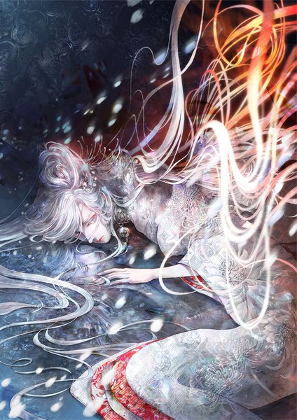 Anime picture 1447x2047 with mythology japanese mythology micho (golduhr) single tall image looking away silver hair upper body lying very long hair traditional clothes japanese clothes wide sleeves snowing dark background snow on stomach long nose yuki onna girl