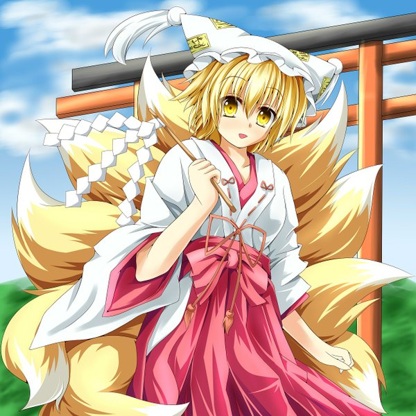 Anime picture 1296x1296 with touhou yakumo ran kmkm9696 single short hair open mouth blonde hair yellow eyes japanese clothes fox ears fox tail fox girl miko multiple tails girl bonnet gohei