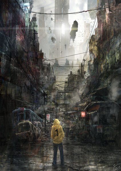 Anime picture 990x1400 with original you shimizu tall image signed from behind city cityscape scenic ruins post-apocalyptic futuristic hood hoodie