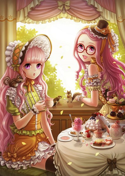 Anime picture 830x1166 with original jsr long hair tall image sitting purple eyes multiple girls pink hair girl thighhighs dress black thighhighs 2 girls hat animal petals glasses frills sweets bonnet