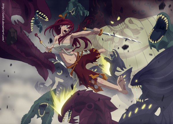Anime picture 1808x1300 with fairy tail erza scarlet ioshik long hair highres open mouth light erotic holding brown eyes yellow eyes ponytail red hair armpit (armpits) midriff coloring torn clothes glowing smoke glowing eye (eyes) dual wielding