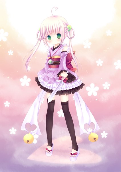Anime picture 1500x2121 with original mizuse ruka single long hair tall image blush green eyes pink hair traditional clothes loli lolita fashion wa lolita girl thighhighs weapon black thighhighs detached sleeves sword obi bell