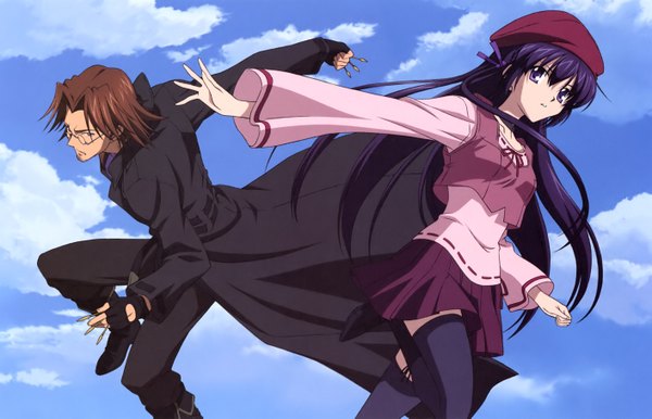 Anime picture 2821x1817 with sola shihou matsuri tsujidou takeshi koga makoto long hair highres short hair brown hair purple eyes sky purple hair cloud (clouds) bent knee (knees) scan outstretched arm spread arms girl boy gloves glasses