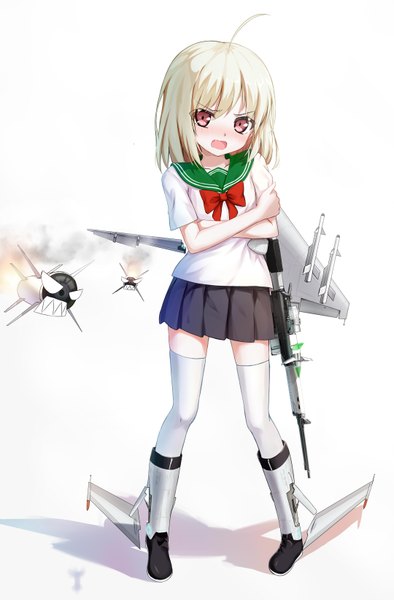Anime picture 1080x1645 with original hagi (ame hagi) single tall image looking at viewer blush short hair open mouth white background ahoge white hair pink eyes zettai ryouiki girl thighhighs skirt uniform weapon school uniform white thighhighs