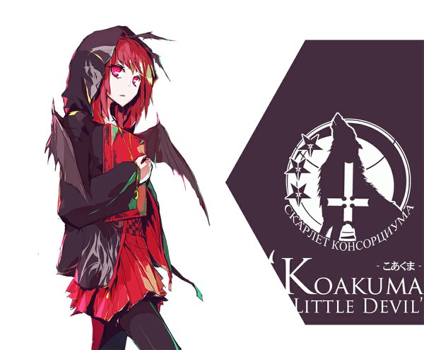 Anime picture 1000x826 with touhou koakuma lowlight kirilenko single looking at viewer fringe short hair open mouth simple background white background holding red hair pink eyes alternate costume character names alternate hairstyle demon wings girl wings jacket