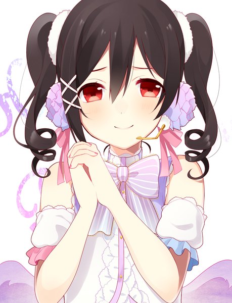 Anime picture 1024x1338 with love live! school idol project sunrise (studio) love live! yazawa nico chisumi single long hair tall image looking at viewer blush fringe black hair smile hair between eyes red eyes twintails bare shoulders drill hair girl detached sleeves