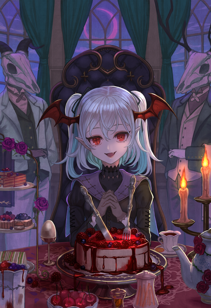 Anime picture 2200x3200 with original amahara subaru tall image looking at viewer fringe highres short hair open mouth smile hair between eyes red eyes sitting twintails silver hair indoors long sleeves :d multicolored hair horn (horns) pointy ears