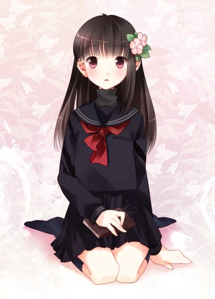 Anime picture 1033x1433 with original ech single long hair tall image looking at viewer black hair red eyes hair flower girl hair ornament socks serafuku black socks