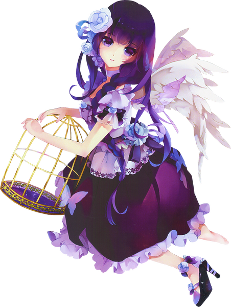 Anime picture 1305x1730 with original pustakkeramzytowy single long hair tall image looking at viewer blush purple eyes purple hair hair flower high heels transparent background angel wings rendered dress hair ornament flower (flowers) wings frills insect