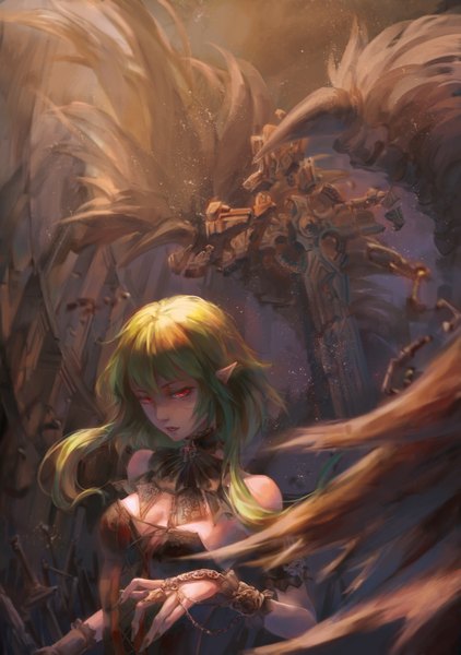 Anime picture 2079x2953 with vocaloid gumi jlien- single tall image looking at viewer fringe highres short hair breasts red eyes bare shoulders cleavage ahoge parted lips head tilt multicolored hair fingernails green hair pointy ears