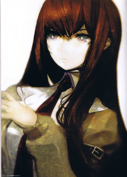 Anime picture 1228x1715 with steins;gate white fox makise kurisu huke single long hair tall image brown hair signed grey eyes girl necktie belt