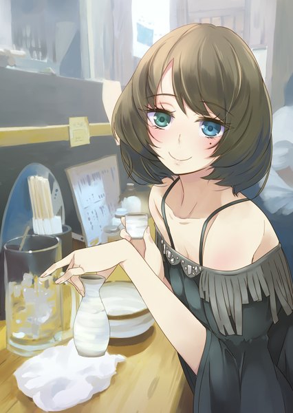 Anime picture 1132x1596 with idolmaster cinderella girls takagaki kaede kawaty single tall image looking at viewer blush short hair blue eyes smile brown hair sitting bare shoulders brown eyes green eyes mole mole under eye heterochromia girl dress