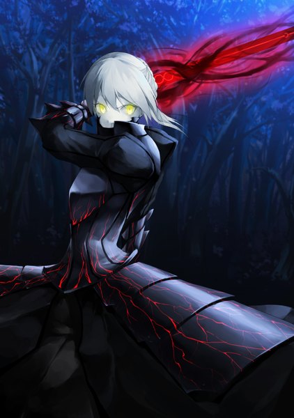 Anime picture 1040x1477 with fate (series) fate/extra type-moon artoria pendragon (all) saber saber alter solru (tyappygain) single tall image looking at viewer short hair yellow eyes silver hair glowing glowing eye (eyes) girl dress weapon plant (plants) sword