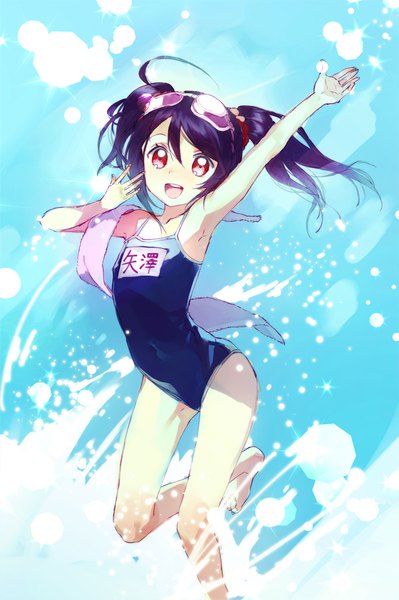 Anime picture 700x1052 with love live! school idol project sunrise (studio) love live! yazawa nico macciatto (aciel02) single long hair tall image looking at viewer open mouth black hair red eyes twintails bent knee (knees) :d arm up armpit (armpits) flat chest goggles on head girl