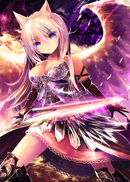 Anime picture 643x900 with original wakasagi hal single long hair tall image looking at viewer fringe breasts blue eyes blonde hair bare shoulders animal ears fox ears glowing weapon girl dress gloves weapon sword wings