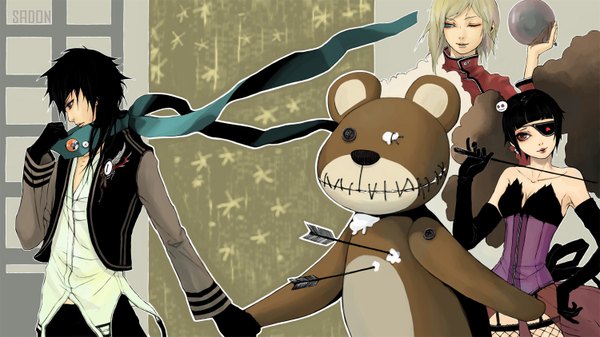 Anime picture 1500x844 with original sadon (pixiv) short hair black hair blonde hair red eyes wide image one eye closed aqua eyes wink hand on hip eyeshadow gloves elbow gloves jacket scarf toy eyepatch stuffed animal buttons