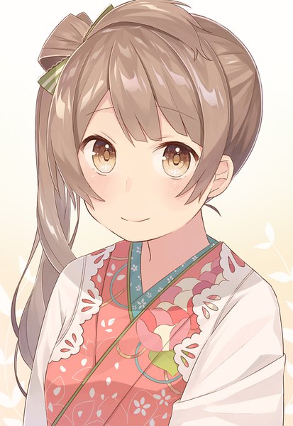 Anime picture 637x925 with love live! school idol project sunrise (studio) love live! minami kotori nagitoki single long hair tall image looking at viewer blush fringe simple background smile brown hair brown eyes upper body traditional clothes japanese clothes gradient background side ponytail