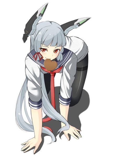 Anime picture 1227x1575 with kantai collection murakumo destroyer jito mesuki nitouhei single long hair tall image looking at viewer blush fringe simple background smile red eyes white background holding silver hair blunt bangs light smile shadow mouth hold eyebrows
