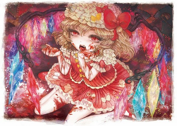Anime picture 1024x732 with touhou flandre scarlet takatora single looking at viewer short hair blonde hair red eyes sitting teeth fang (fangs) pale skin licking girl skirt bow wings blood bonnet skirt set