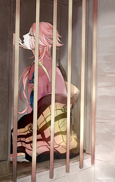 Anime picture 600x950 with touken ranbu nitroplus souza samonji shijima tohiro long hair tall image sitting signed looking away pink hair traditional clothes japanese clothes profile solo focus hand on another's face boy tassel