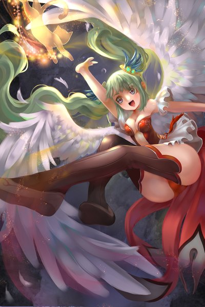 Anime picture 1001x1500 with original aurora rokudo single long hair tall image blush breasts open mouth light erotic twintails bare shoulders aqua eyes green hair glowing angel wings angel girl thighhighs hair ornament detached sleeves