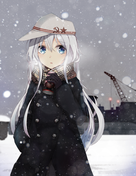 Anime picture 1200x1549 with kantai collection hibiki destroyer verniy destroyer colis (regunm772) single long hair tall image fringe blue eyes hair between eyes standing holding looking away silver hair outdoors long sleeves parted lips snowing winter snow